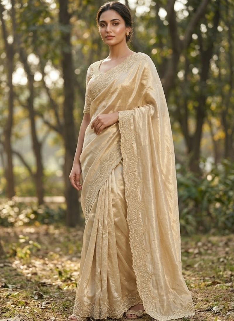 Fendy Satin Silk Saree – Gold Embroidery with Pearl Detailing & Matching Blouse