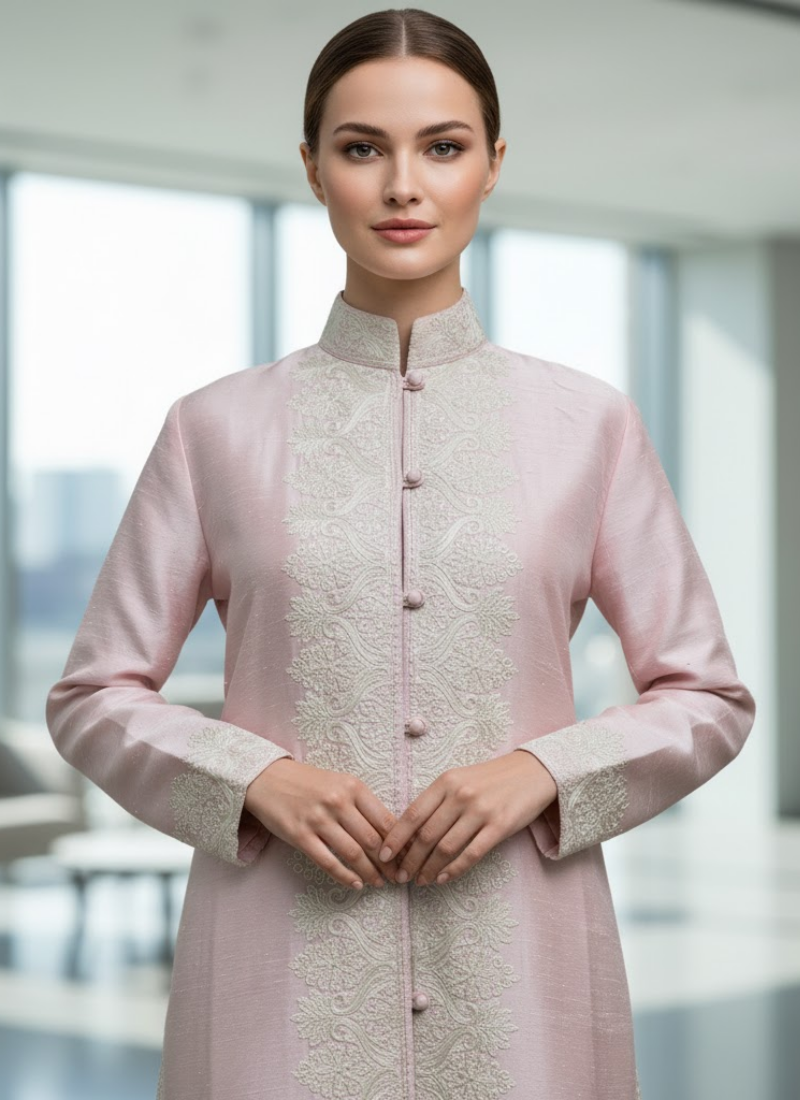 Light Pink Winter Kashmiri Long Coat for Women – Silk with Embroidery