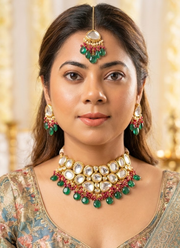 Kundan Necklace Set with Earrings & Tikka – Green & Red Beads 5