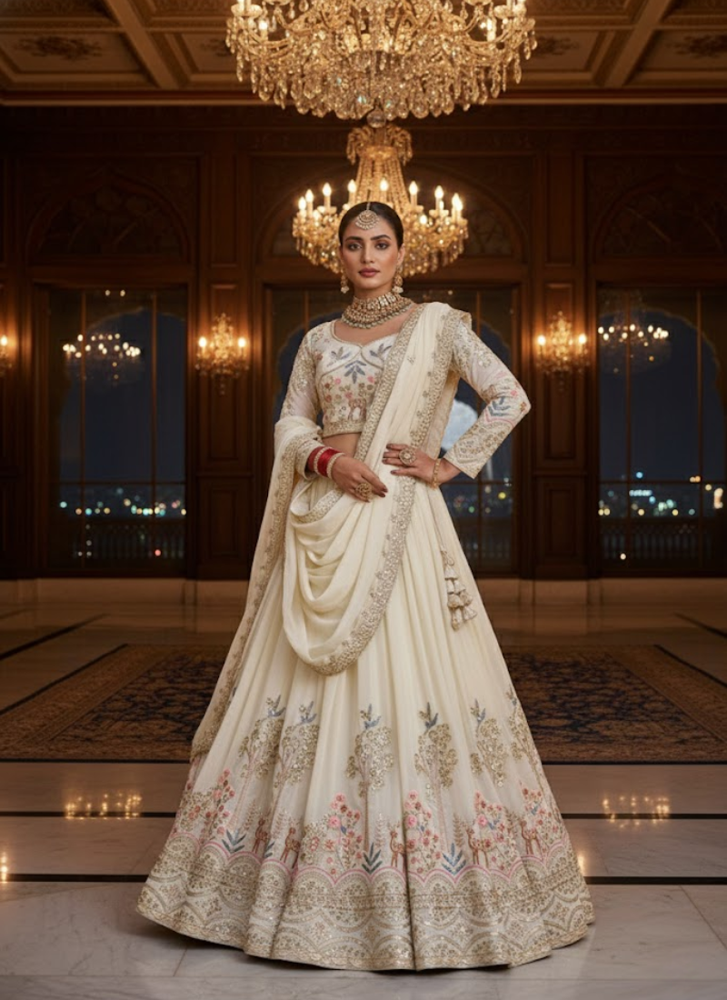 Pure Vichitra Embroidered Lehenga Choli Set