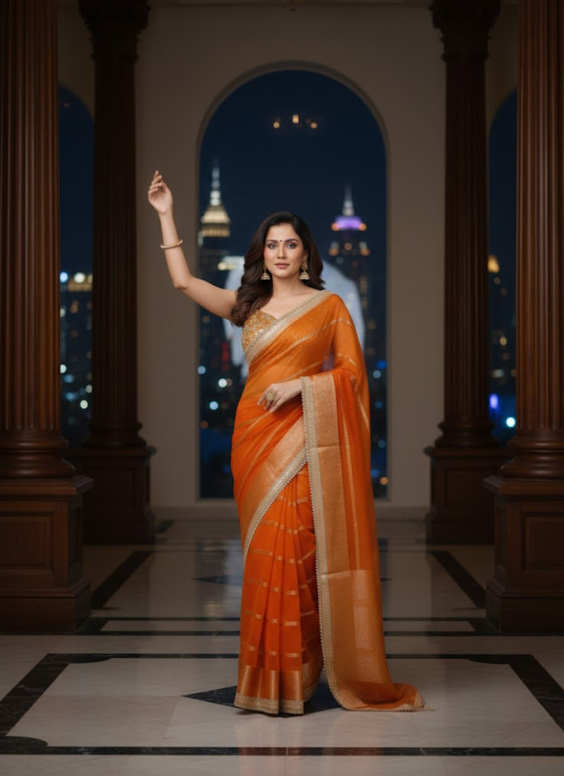 Banarasi Organza Saree with Blouse – Fanta Orange