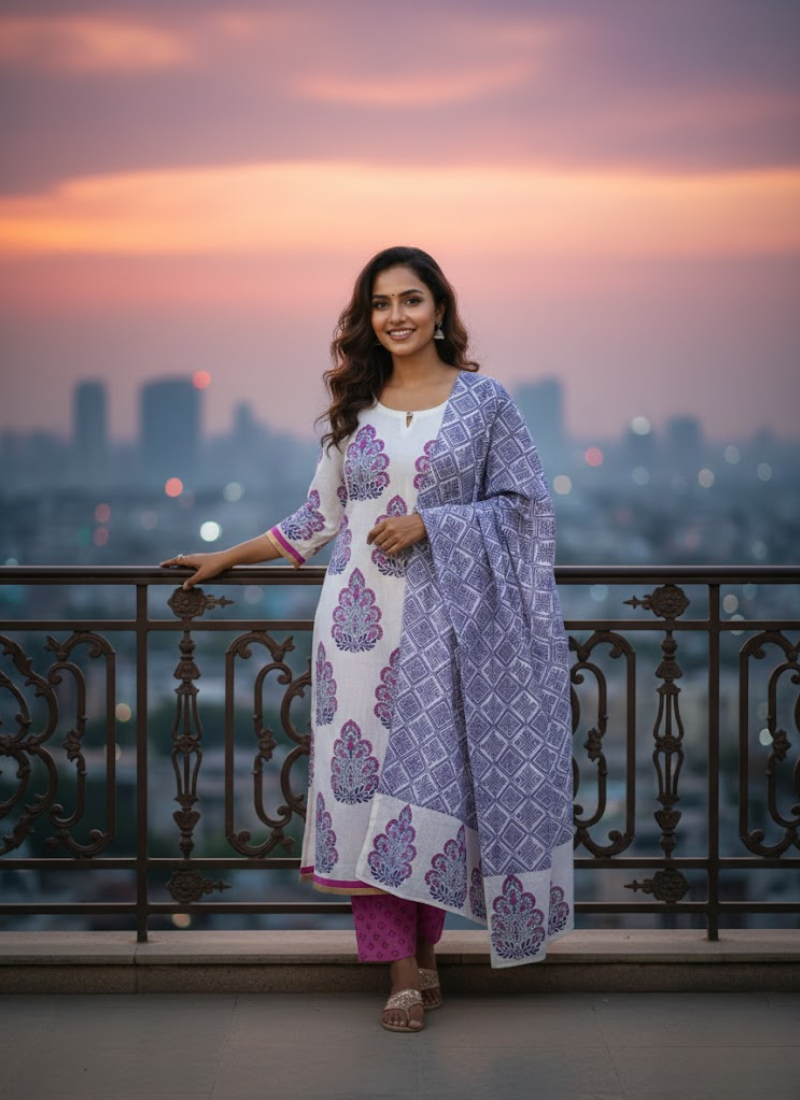 Cotton Block Printed Salwar Suit – White, Blue & Pink