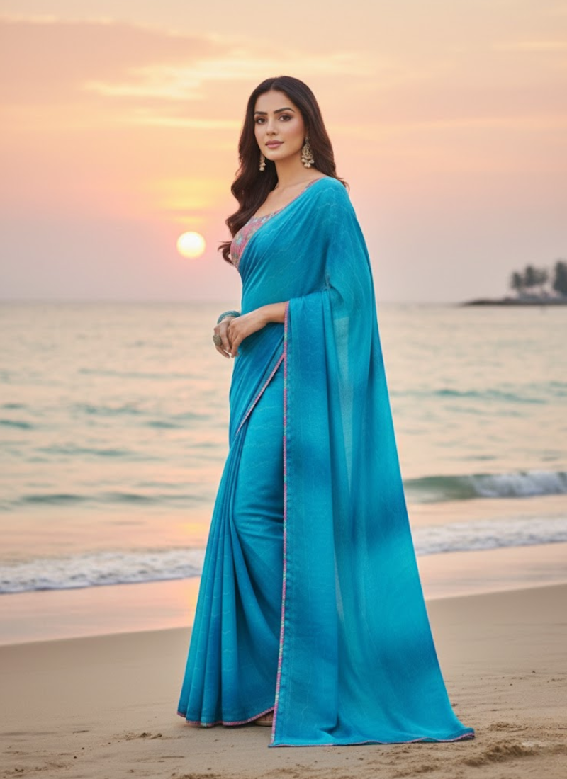 Blue Chiffon Saree with Stitched Floral Blouse