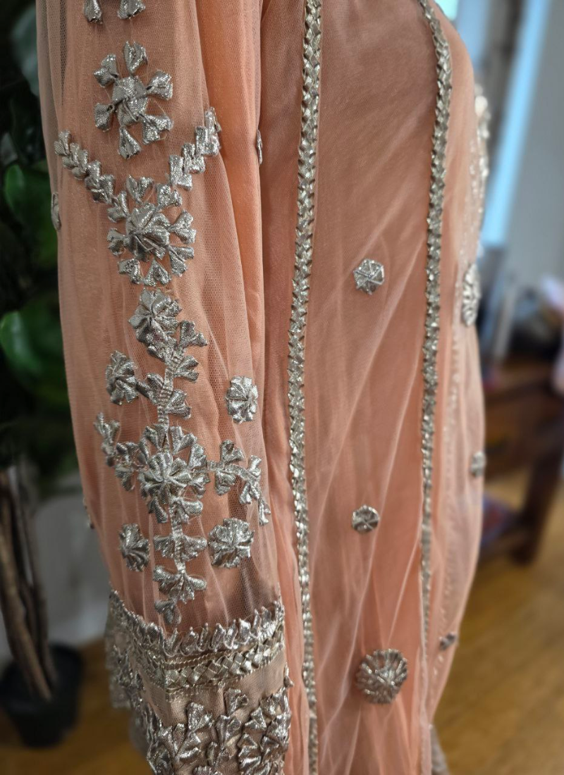 Pakistani Anarkali Dress – Peach Net Gota Patti