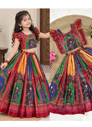 Chinon Silk Mirror Work Navratri Lehenga Set for Children Indian Girl Outfit 3
