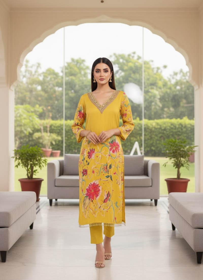 Pakistani Silk Salwar Suit with Mirror & Stone Work