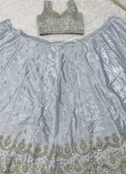 Light Grey/Silver Satin Silk Lehenga Choli with Sequins, Dori & Zari Embroidery + Net Dupatta 6