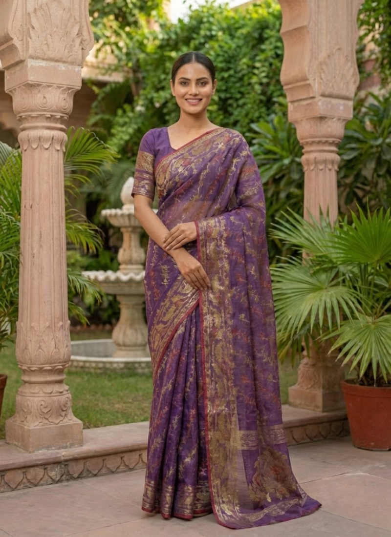 Dark Purple Jamdani Saree with Mari’s Thread Work