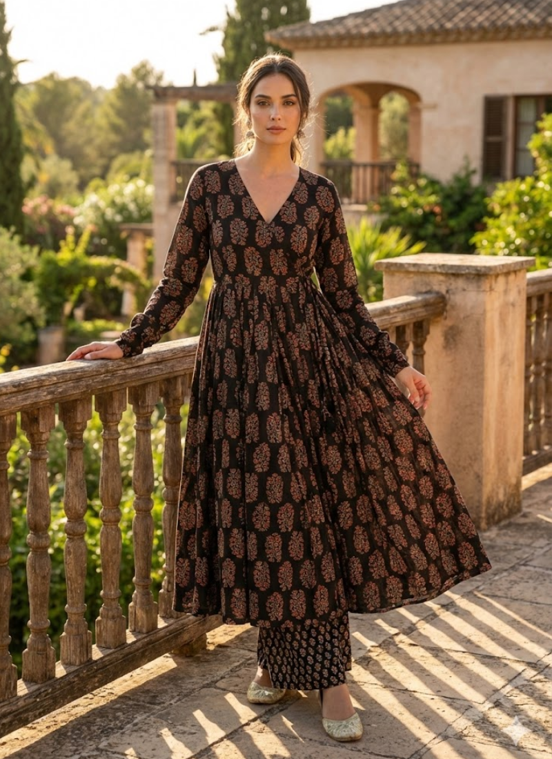 Anarkali Gown in Heavy Rayon with Digital Print Work + Bottom