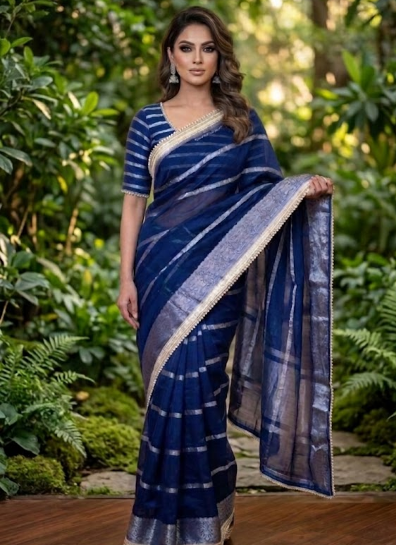 Navy Blue Banarasi Organza Saree with Blouse Piece