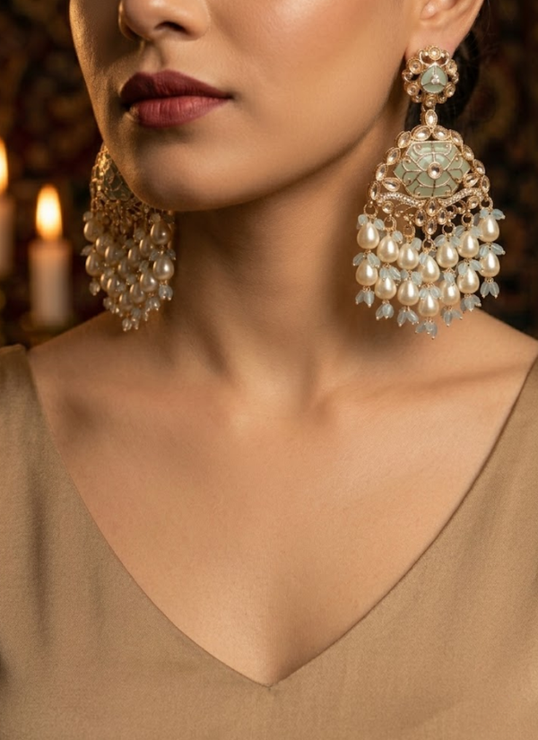 Sky Blue Kundan Chandbali Earrings
