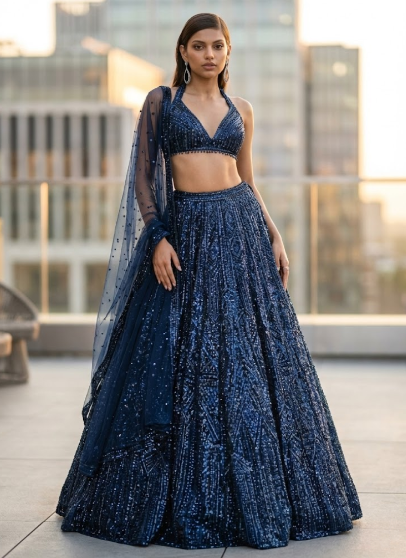 Net Lehenga Choli with Sequins & Dori Embroidery + Dupatta