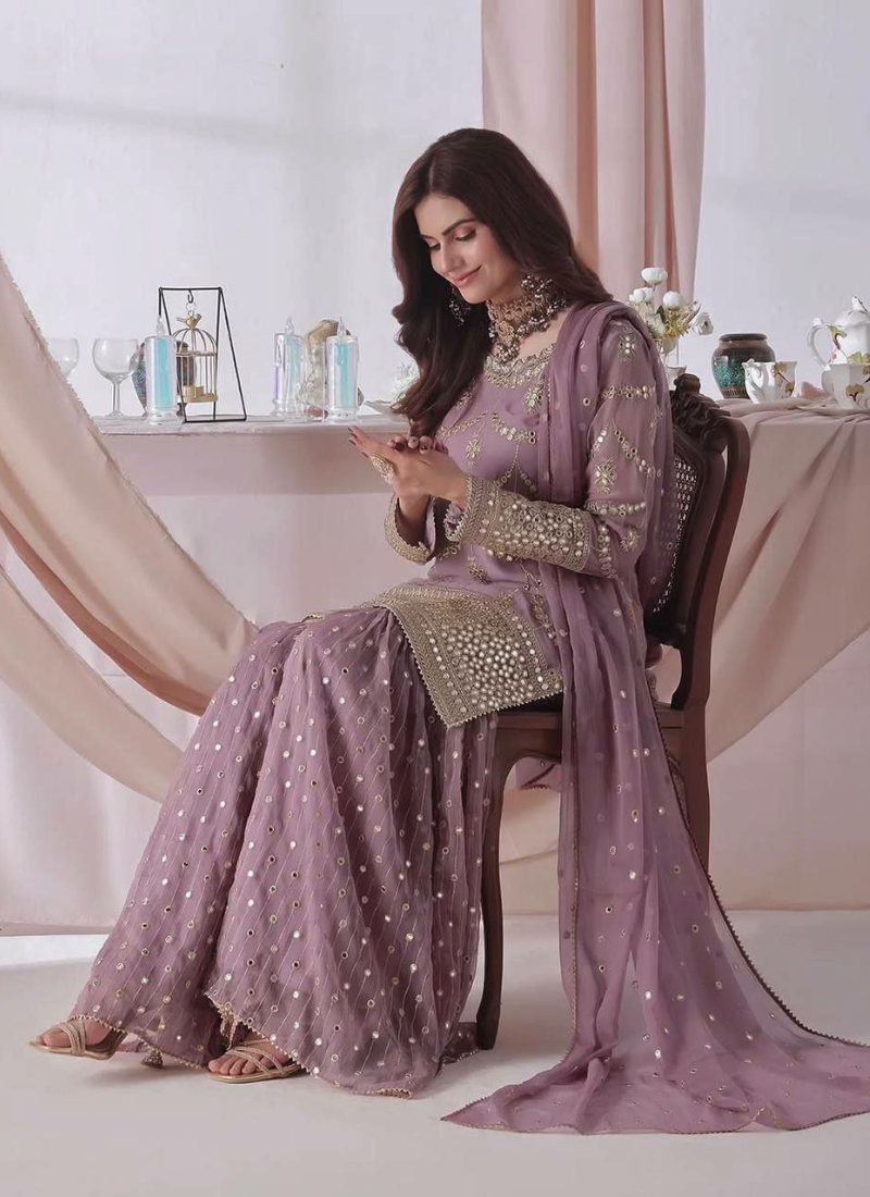Faux Georgette Sharara Suit with Sequins Embroidery + Dupatta
