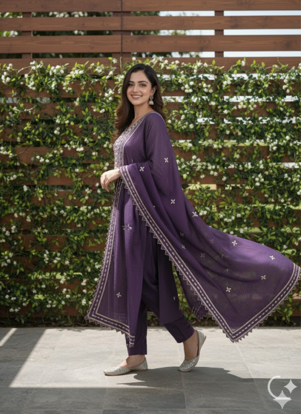 Dark Purple Shimary Silk Salwar Suit with Mirror Work