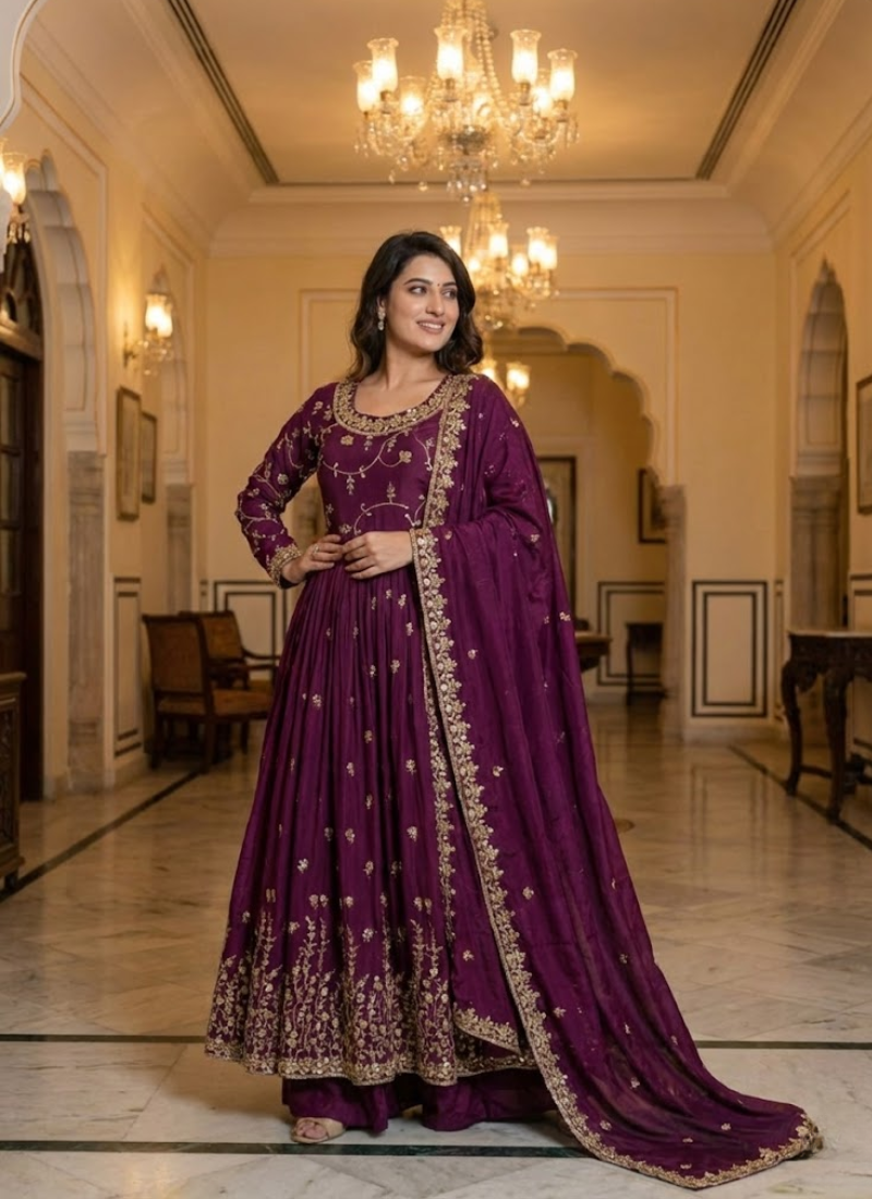 Rama Anarkali Gown in Chinon with Sequins Embroidery + Sharara & Dupatta