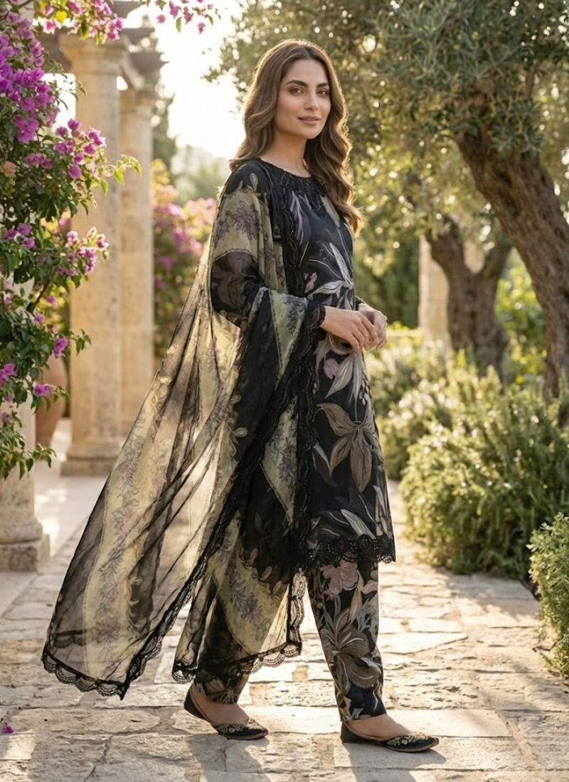 Luxury salwar kameez suit with lawn cotton kameez and salwar, chiffon dupatta, and festive embroidery