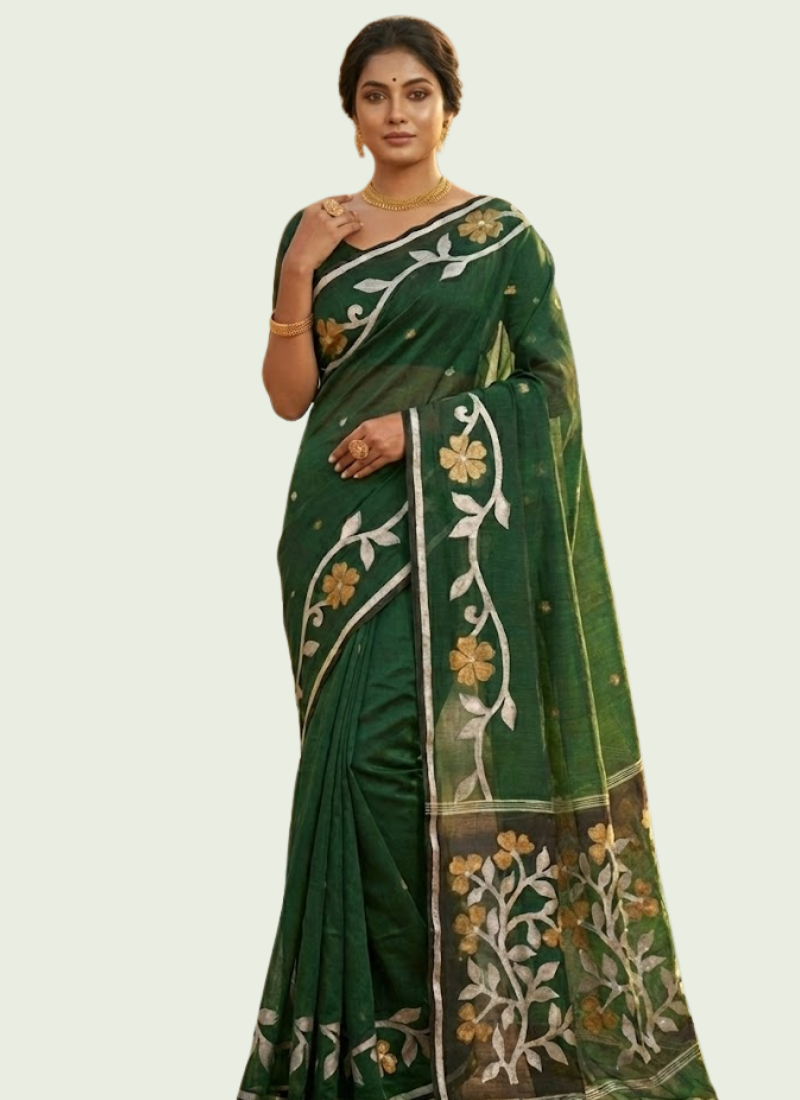 Bottle Green Tantuz Saree in Mixed Maslin Fabric