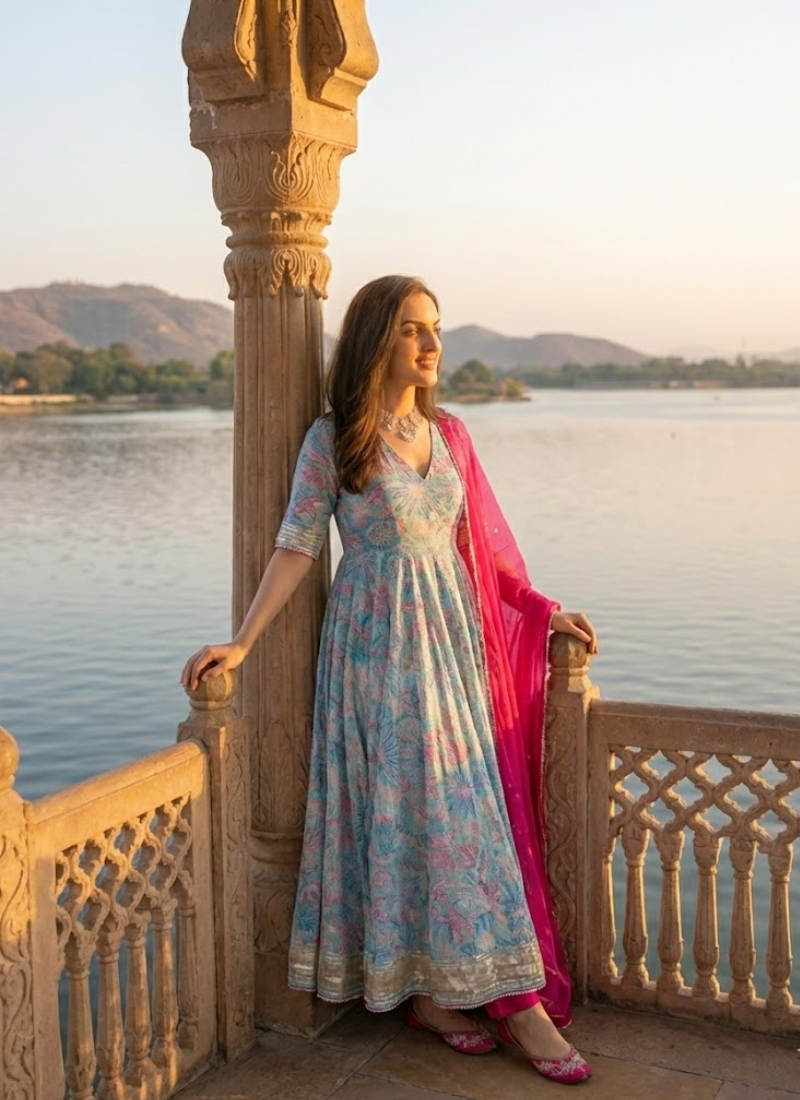 Maslin Anarkali Salwar Suit with Lace Work & Dupatta