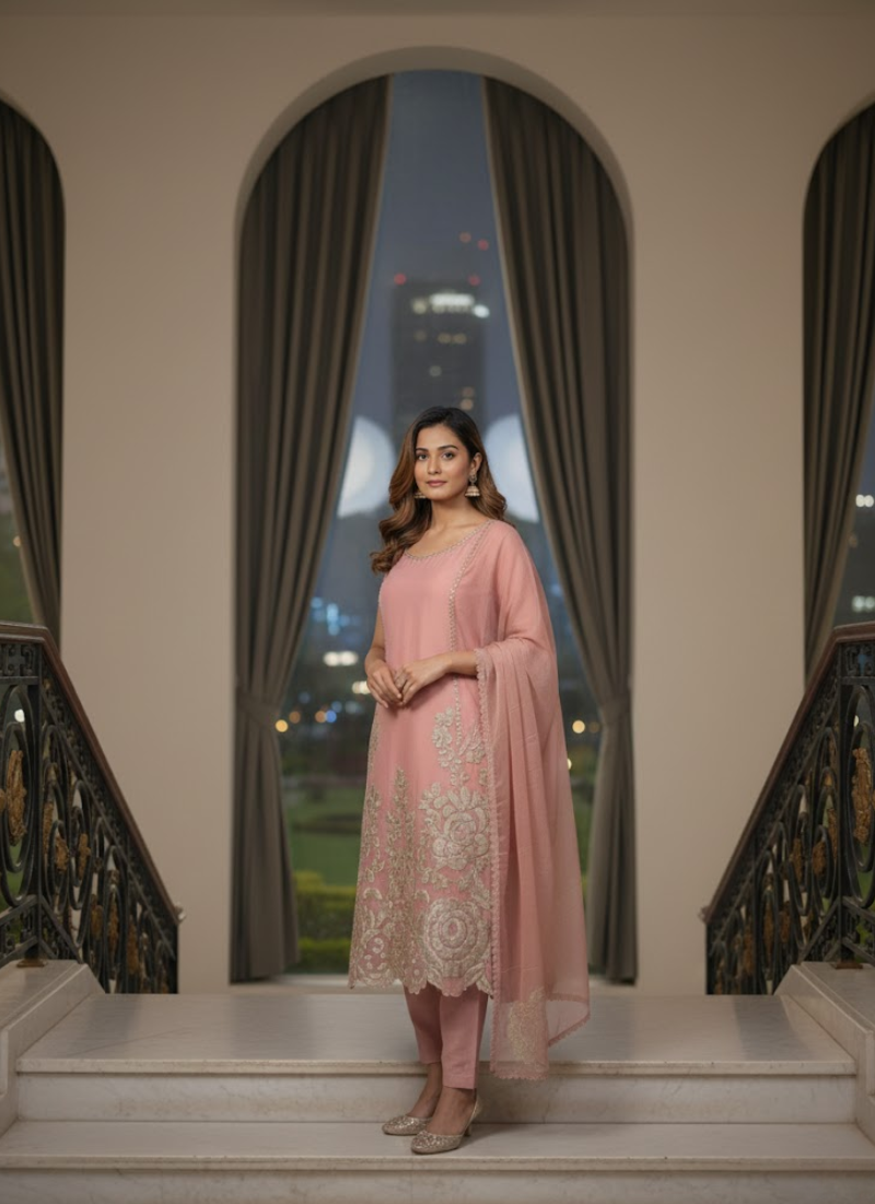 Peach Pink Silk Organza Salwar Kameez with Cut Work Dupatta