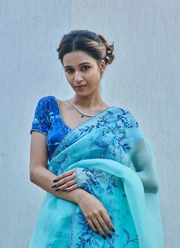 Aqua Blue Silk Saree with Floral Print, Beads & Katdana Handwork + Blouse Piece 5