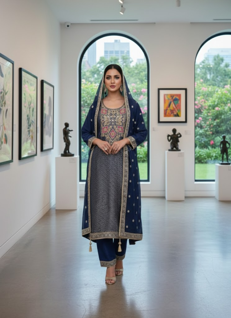 Jacquard Banarasi Salwar Suit – Hand Embroidery & Chiffon Dupatta