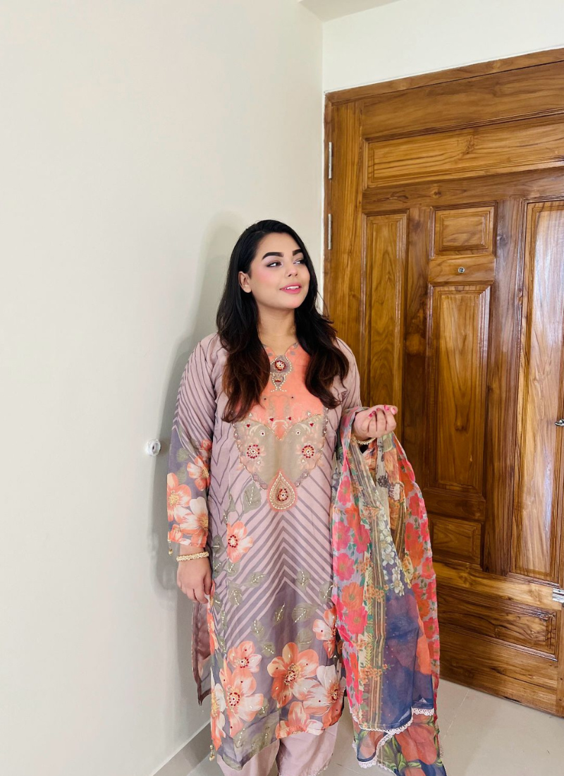 Nude Floral Organza Salwar Suit with Pearl Work - View 5