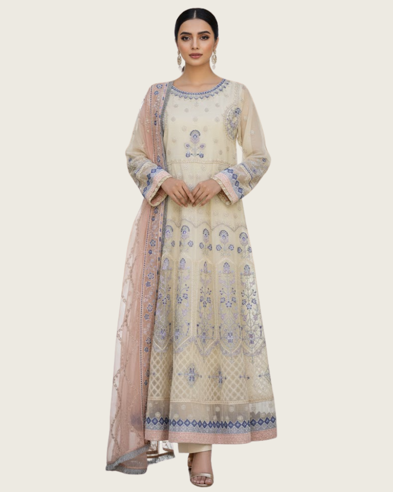 Beige Organza Pakistani Anarkali Dress – Pearl & Stone Embroidery