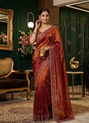 Pure Fandy Satin Silk Saree with Rose Gold Beadwork 6