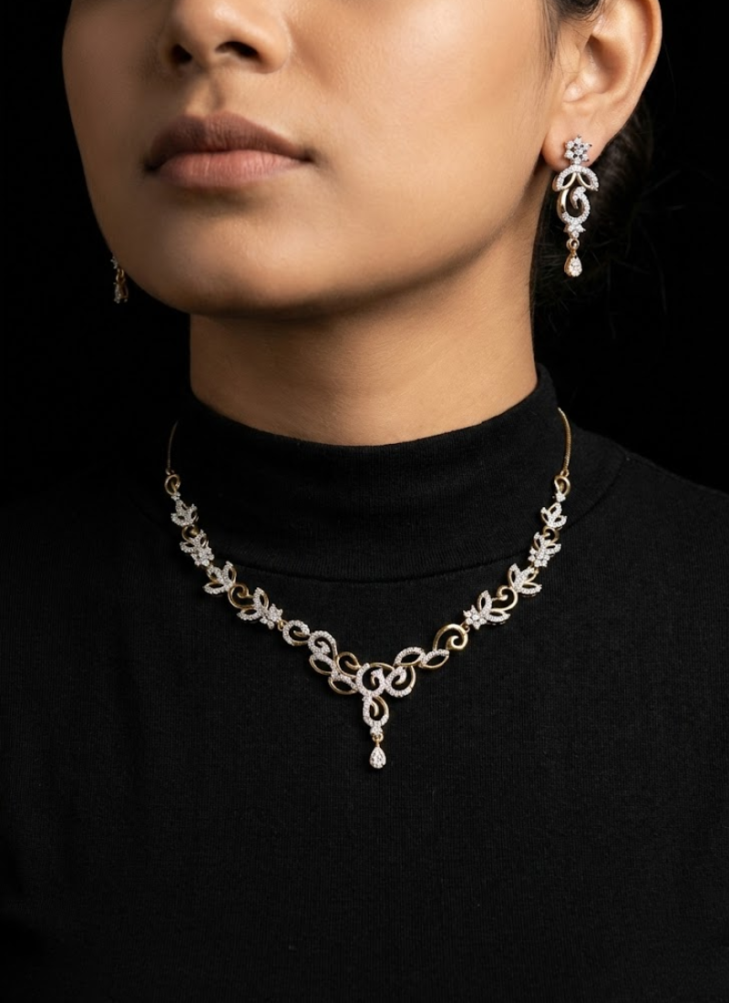 Silver & Gold Necklace Set with Earrings and Diamond Cut Stones