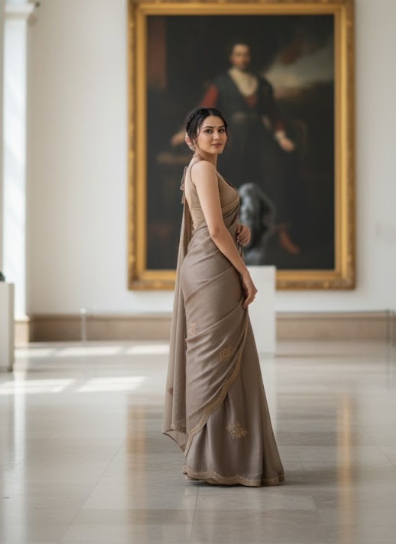 Grey Two-Tone Chiffon Tissue Saree – Crystal Work Panel with Running Blouse