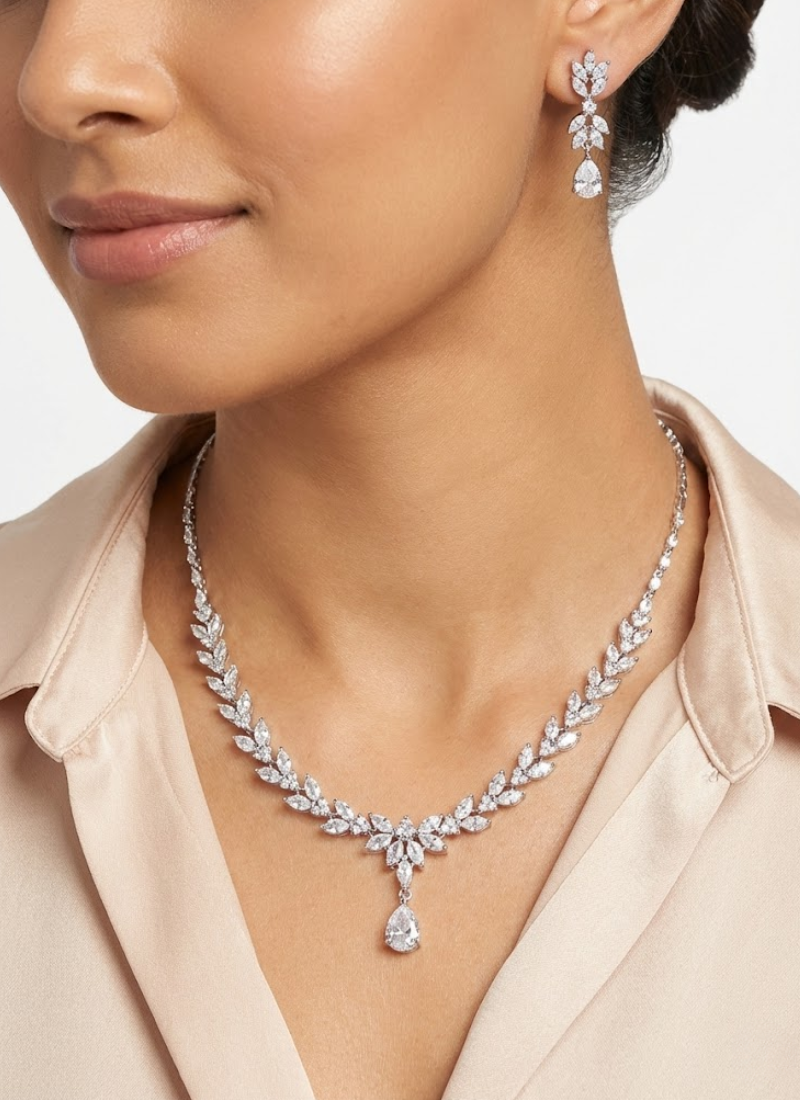 Statement necklace and earring set for women, diamond cut design with premium stones, partywear jewelry.