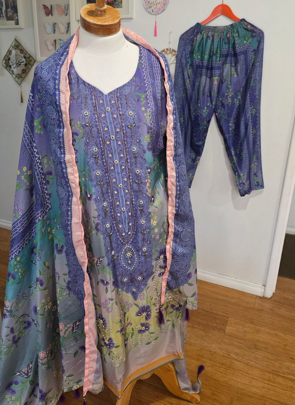 Blue Floral Chinon Silk Dhoti Suit
