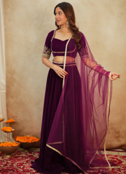 Velvet Lehenga Choli with Sequins & Dori Work + Net Dupatta (Flair 3.5m) 6