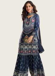 Deep Navy Blue Chinon Silk Sharara Suit with Mirror & Stone Work + Dupatta 2