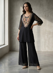 Black Organza Co‑Ord Set with Palazzo, Digital Print Blouse + Mirror Work Top 3