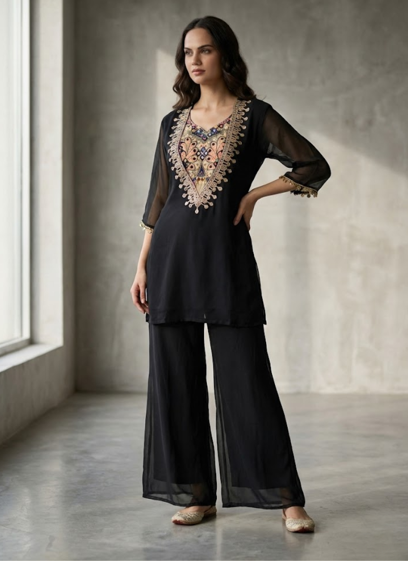 Black Organza Co‑Ord Set with Palazzo, Digital Print Blouse + Mirror Work Top