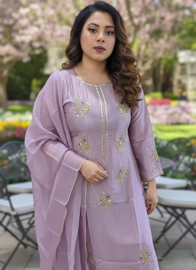 Light onion pink silk salwar kameez suit with zari and sequence handwork, Kota net dupatta, and sleeve detailing.