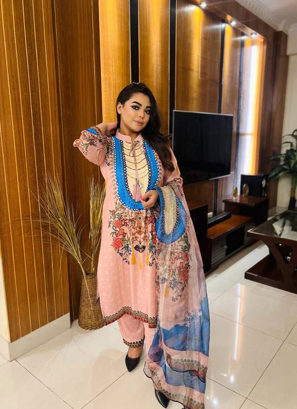 Mint Pink Crape Salwar Suit with Pearl &amp; Stone Work