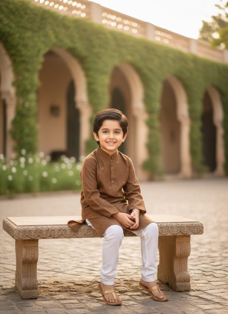 Kids Linen Kurta with White Cotton Pyjama