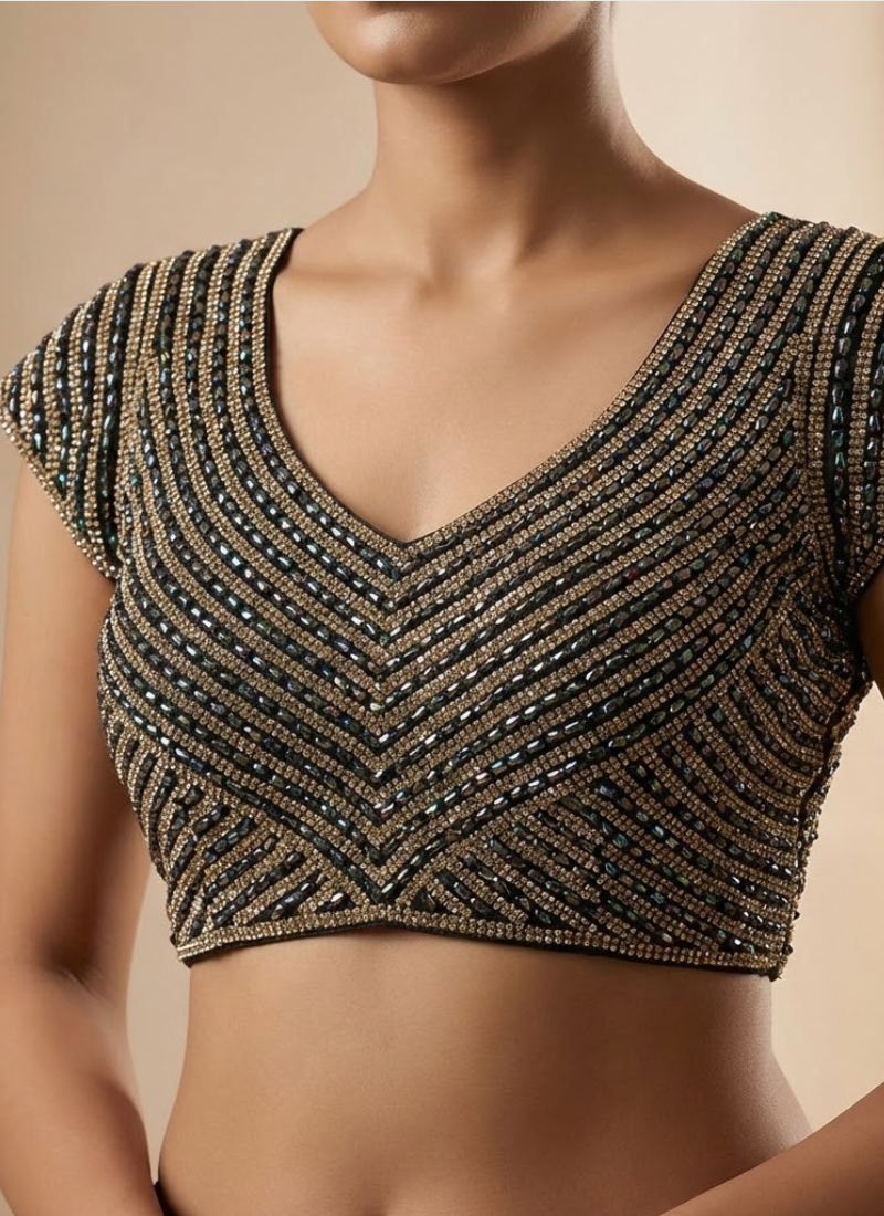 Women’s pure silk blouse with pearl, moti, beads and pipe embroidery, handcrafted partywear design.