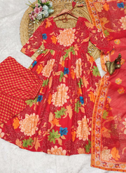 Red Cotton Chanderi Anarkali Dress with Vibrant Floral Print (Sizes M–3XL) 6