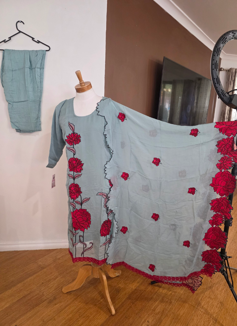 Blue Silk Organza Salwar Kameez with Floral Embroidery Dupatta