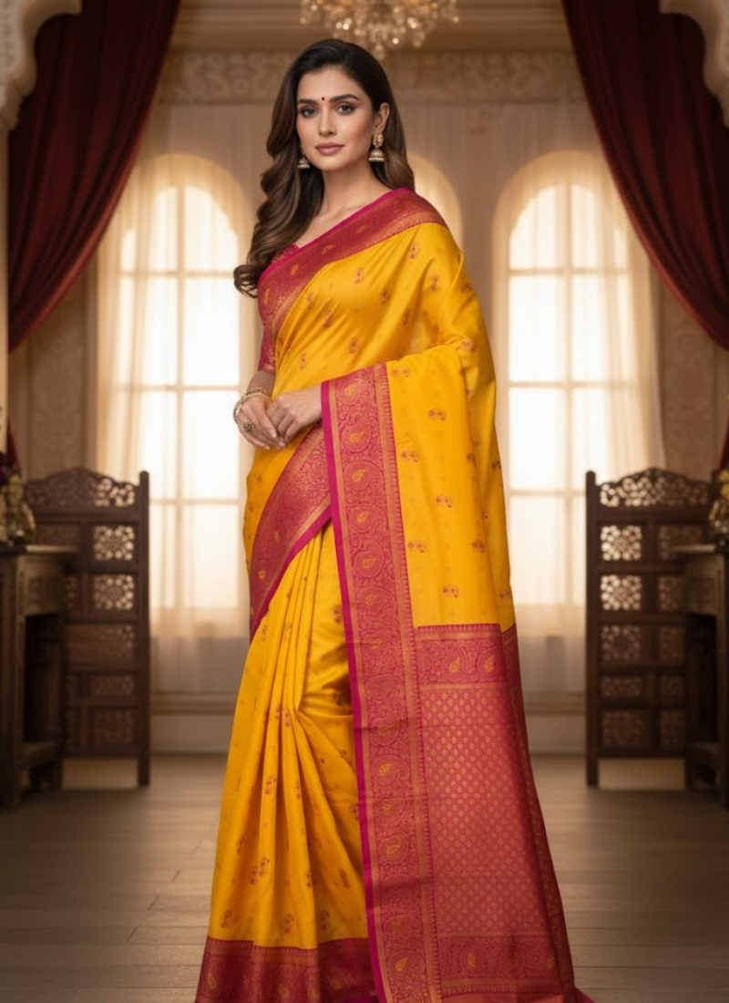Bright Yellow Katan Silk Saree – Mina Work