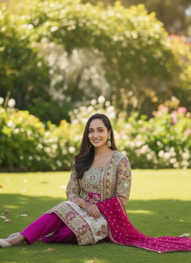 Pakistani Kameez in Chinnon silk with hand embroidery