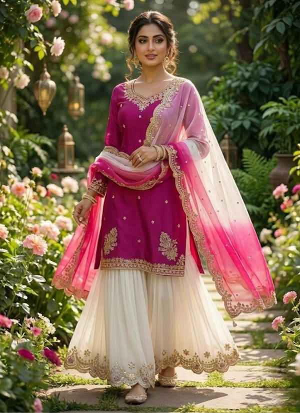 French Crepe Salwar Suit with Organza Dupatta