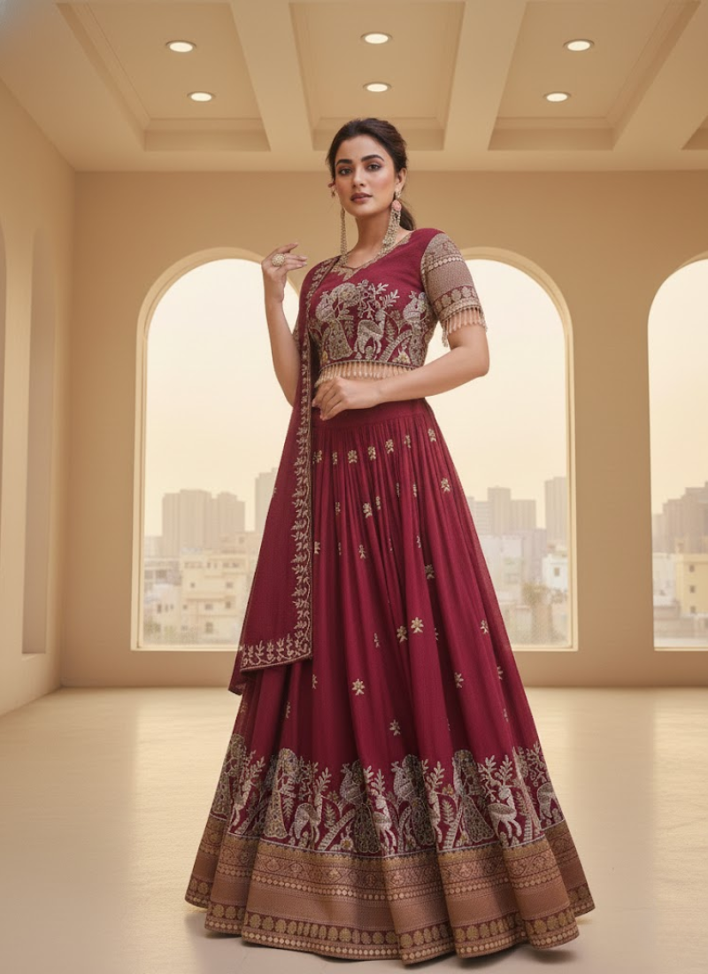 Pure Vichitra Embroidered Lehenga Choli Ensemble