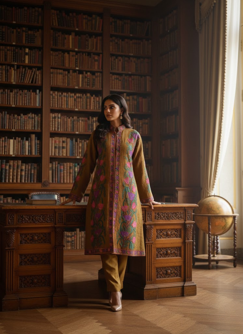 Kashmiri Raw Silk Coat – Metalik Gold Embroidered