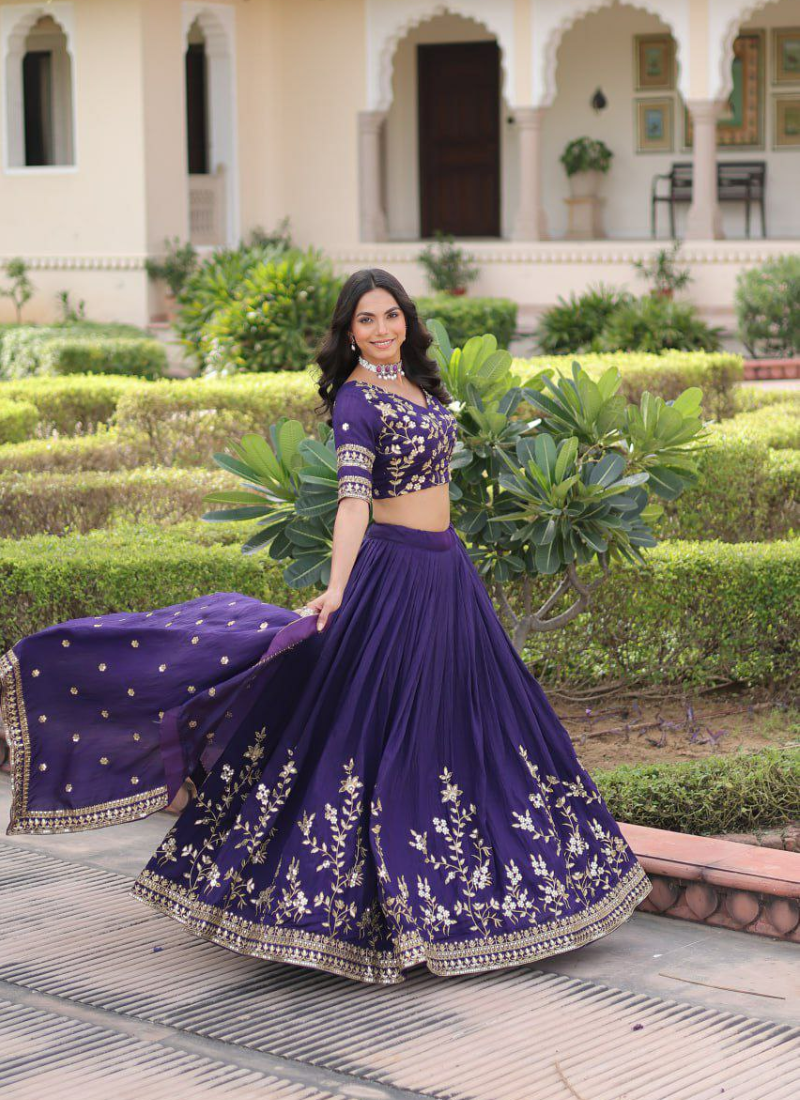 Royal Purple Vichitra Silk Lehenga Choli with Heavy Sequins & Zari Embroidery + Dupatta
