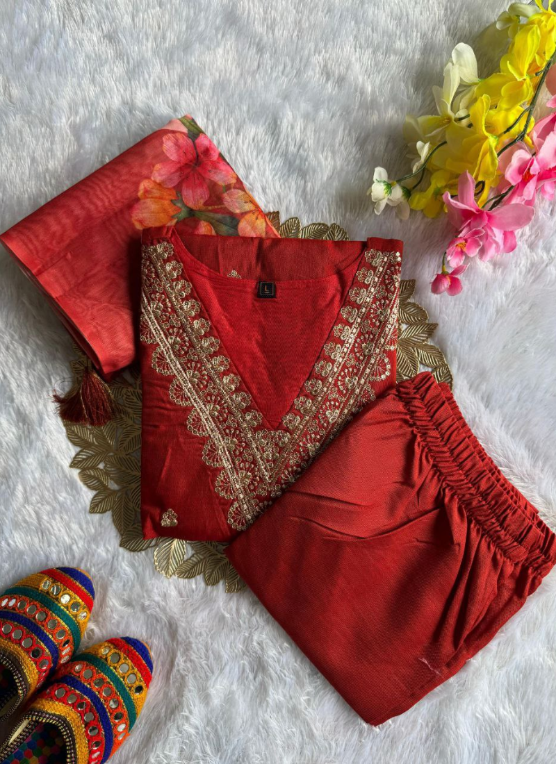 Rayon Slub Straight Punjabi Suit with Embroidery & Chanderi Dupatta
