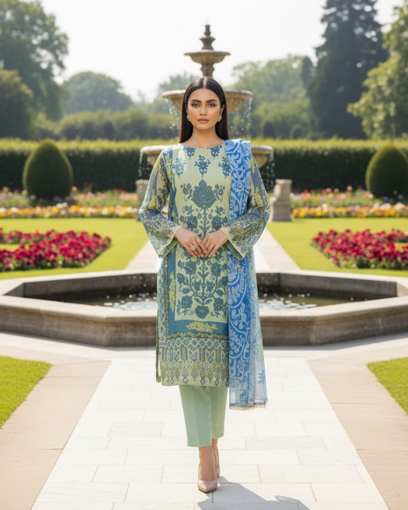 Green & Blue Organza Salwar Suit – Floral Print & Pipe Work